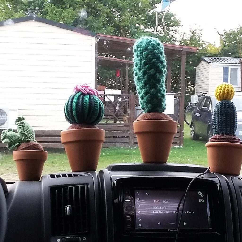 crochet cacti on a dashboard