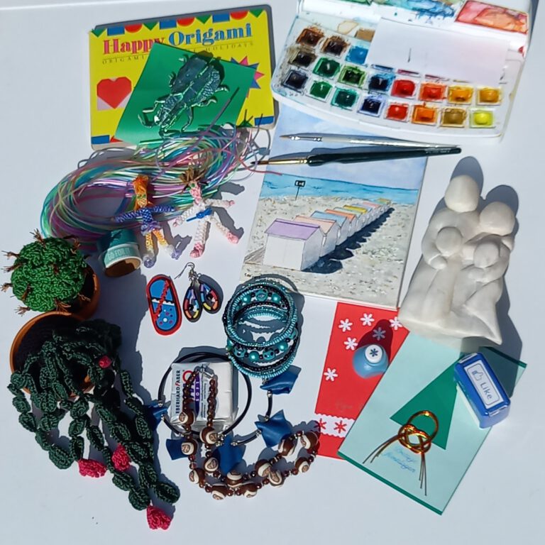 various hobby items, stamp, watercolor, polymer clay, crocheted cacti, scoubidou, origami, rubber plate, punches, soapstone